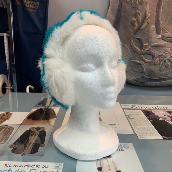 Genuine Fur Teal Blue Stripe Ear Muffs - Picture 6 of 6